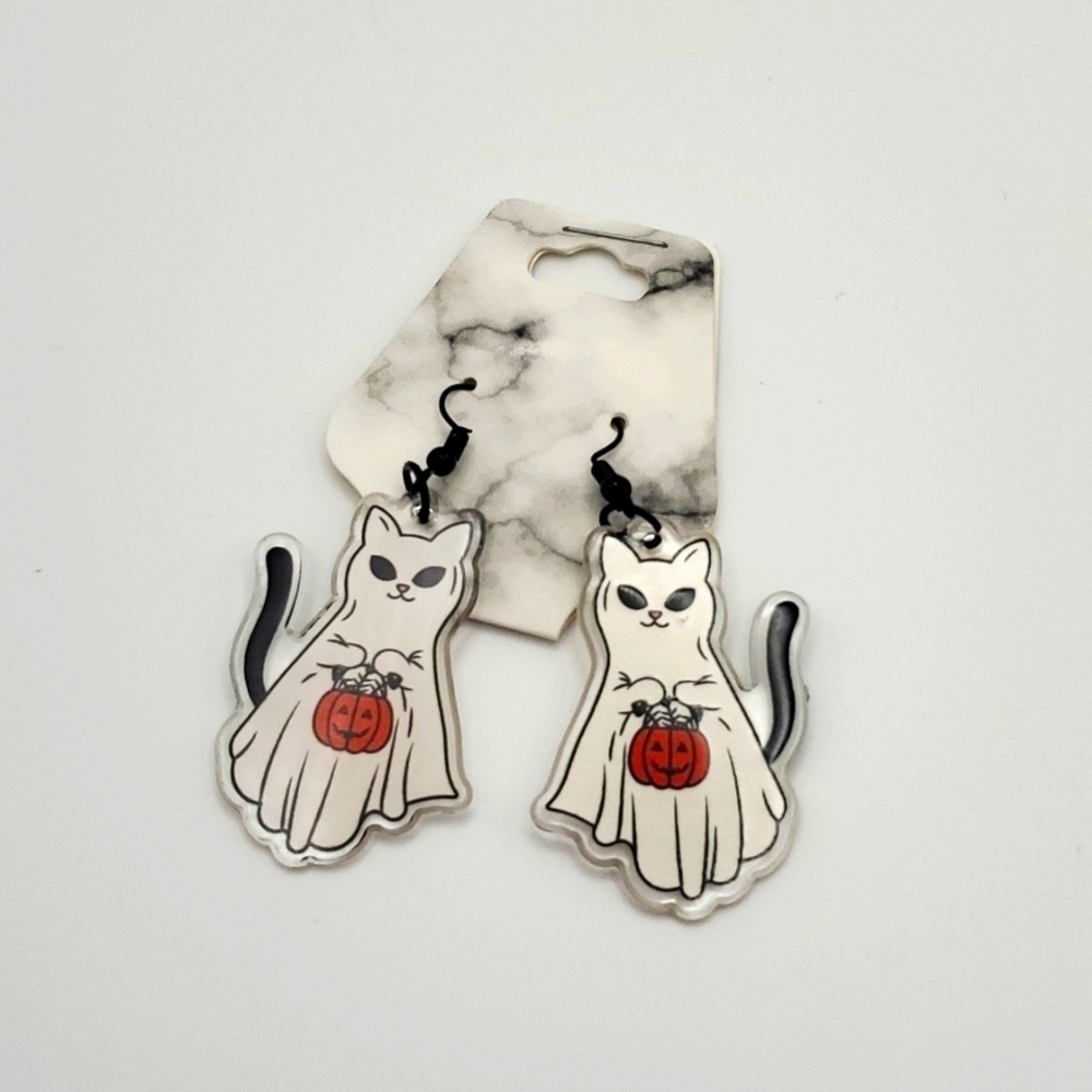 Halloween Ghost Cat Trick or Treating Earrings - Picture 4 of 6
